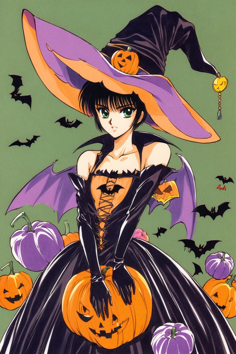 31091-3601929539-Hokuto Sumeragi,1girl,solo,wings,gloves,short hair,black hair,hat,retro artstyle,1990s (style),green eyes,elbow gloves,witch hat.png